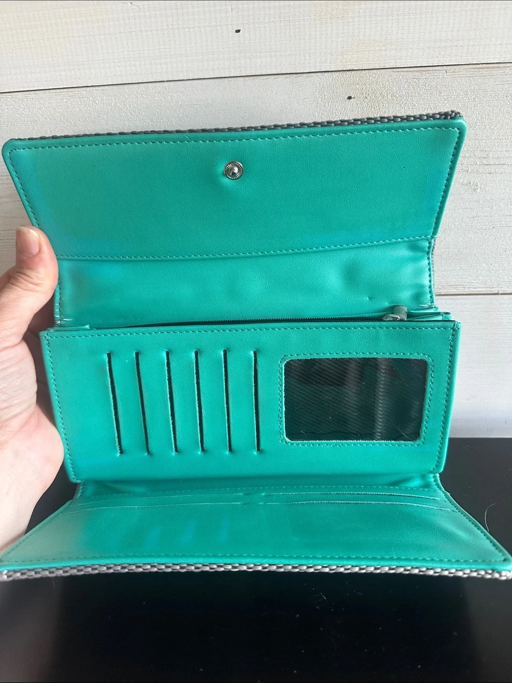 Textured Logo Clutch in Gray and Cream
